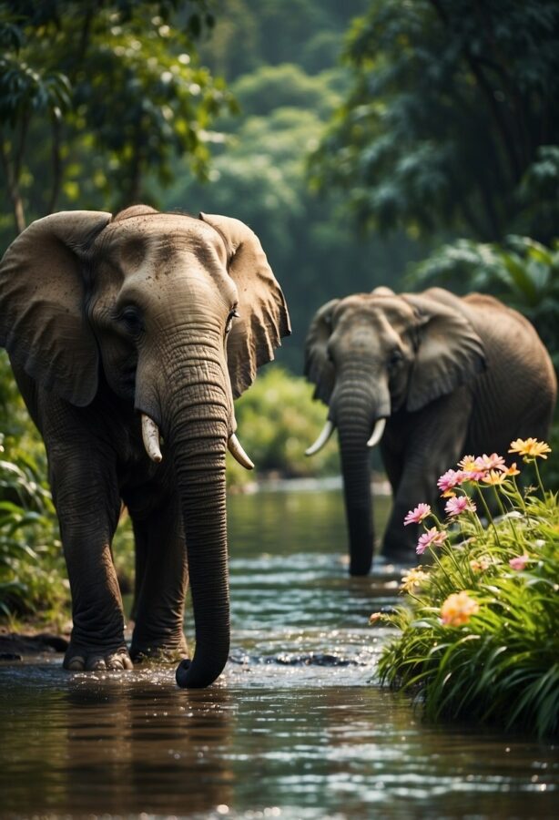 Two elephants walking in line along a shallow, flower-lined river in a tranquil forest.