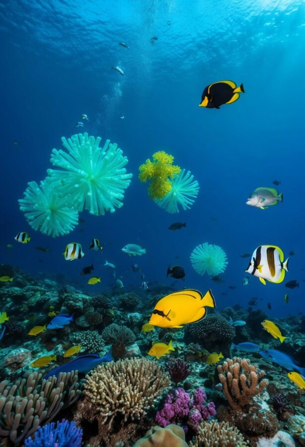 A vibrant underwater scene with cyanobacteria floating among diverse marine creatures in the Pacific Ocean