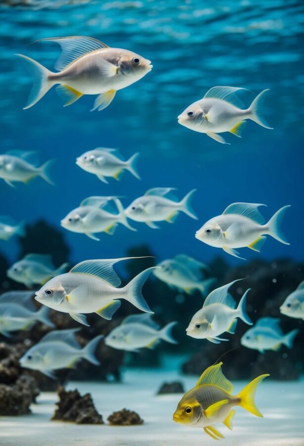 A diverse array of Sea Angels gracefully swim through the clear waters of the Pacific Ocean, their translucent bodies glowing with bioluminescent light