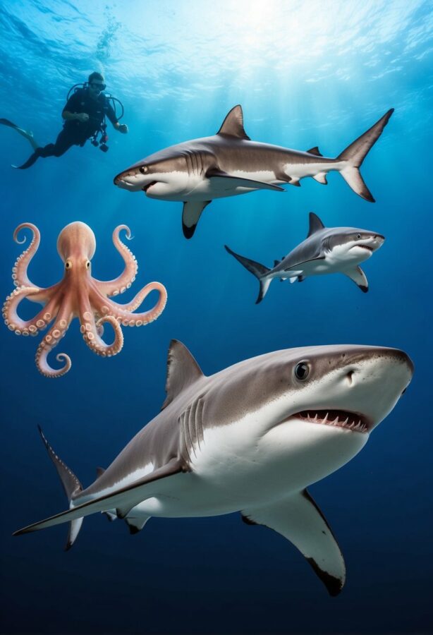 A Pacific Sleeper Shark swimming alongside other iconic Pacific Ocean creatures, such as the giant Pacific octopus and the Pacific hagfish, in their natural habitat