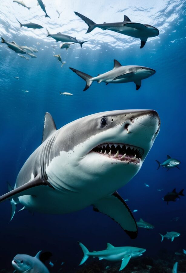A great white shark swims among a diverse array of marine animals, showcasing its powerful movements in the ocean depths