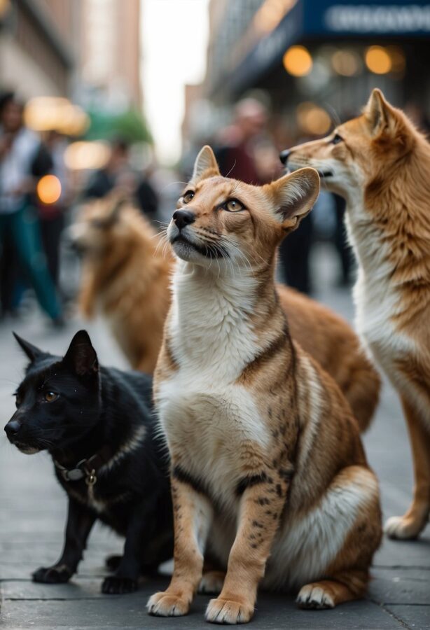 12 Bizarre and Wonderful Animal Behaviors 5 Animals interacting in a crowded, bustling environment, displaying various social behaviors such as grooming, playing, and communicating through body language and vocalizations