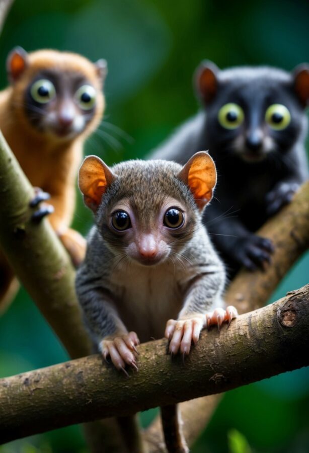 A tarsier with oversized eyes perched on a tree branch, surrounded by other bizarre animals with unique evolutionary features