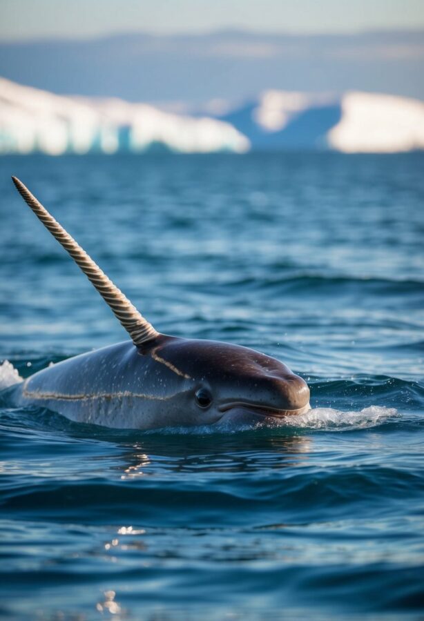 A narwhal swims gracefully through the icy waters, its long tusk glinting in the sunlight as it navigates through the Arctic ocean