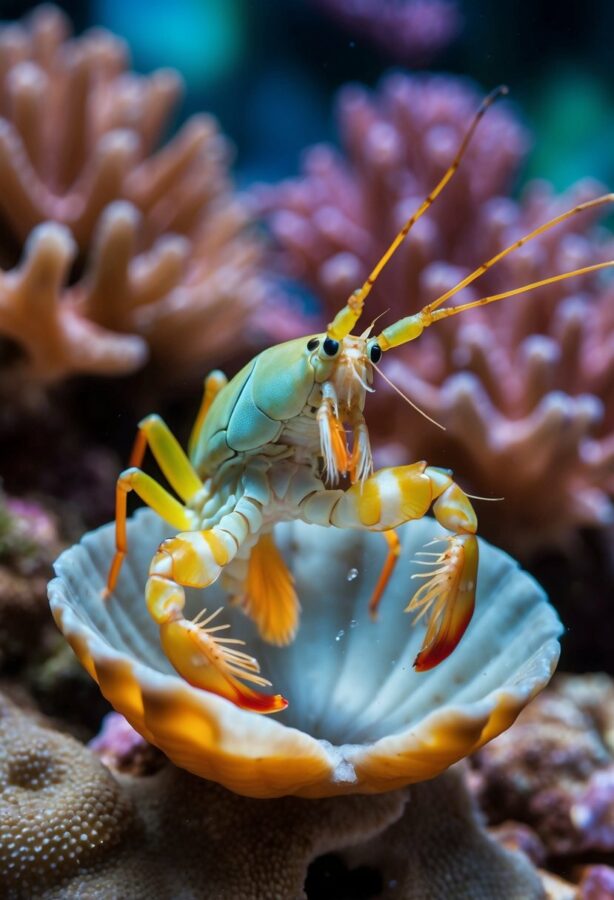 A mantis shrimp's powerful punch shatters a clam shell in a vibrant coral reef setting