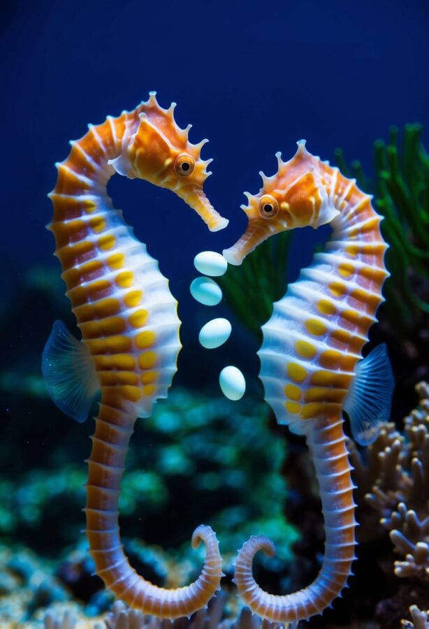 Two seahorses engage in a courtship ritual, with the male transferring eggs from his pouch to the female's pouch. The underwater scene is filled with colorful coral and marine plants