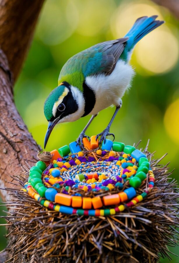 A male bowerbird meticulously arranges colorful objects in his elaborate nest to attract a female. The intricate display showcases his artistic abilities in hopes of winning a mate