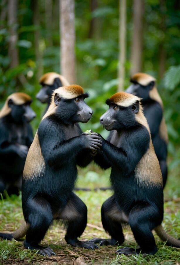 Kakapos perform a lek courtship display in a dense forest, with males gathering in a central area to call and display for potential mates
