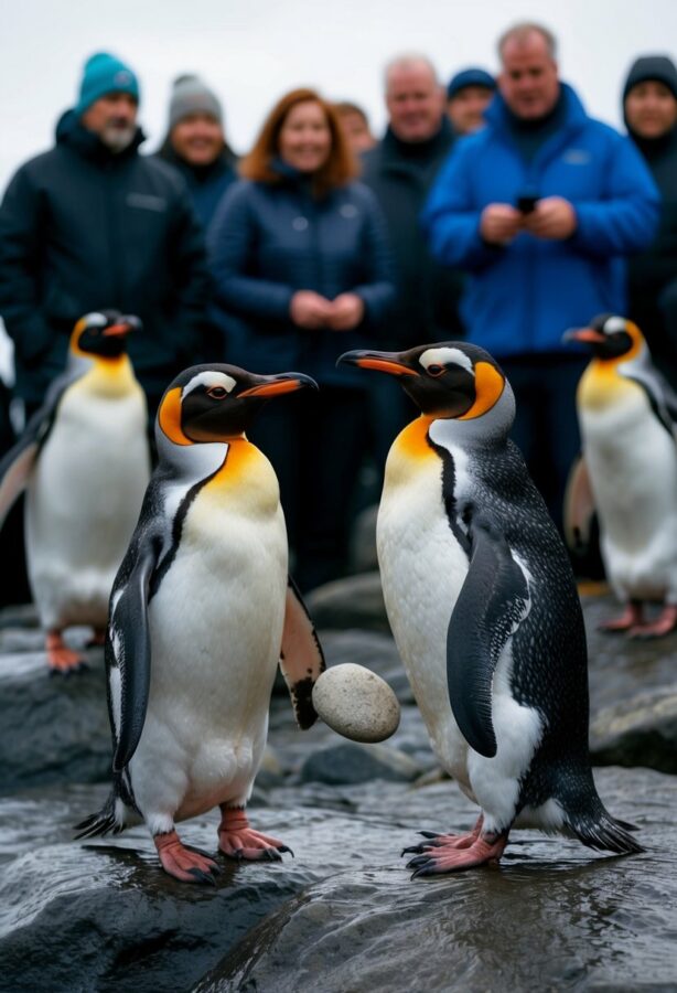Two penguins stand on a rocky shore surrounded by a group of curious onlookers. The male penguin presents a smooth pebble to the female as a token of his affection