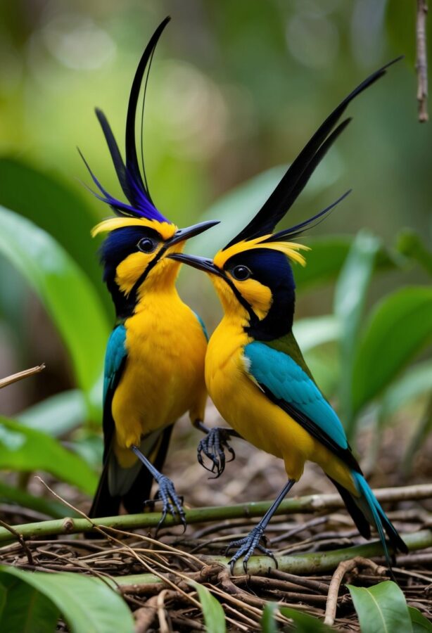 Manakin birds perform elaborate courtship dance, showcasing vibrant plumage and intricate movements in the rainforest undergrowth