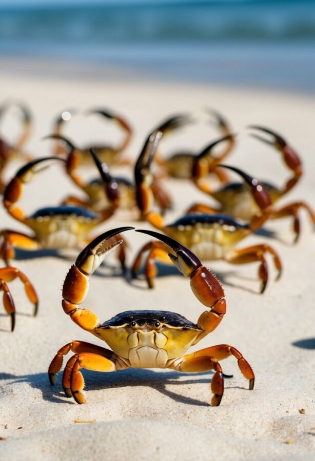 A group of fiddler crabs on a sandy beach, with male crabs waving their large claws to attract the attention of female crabs