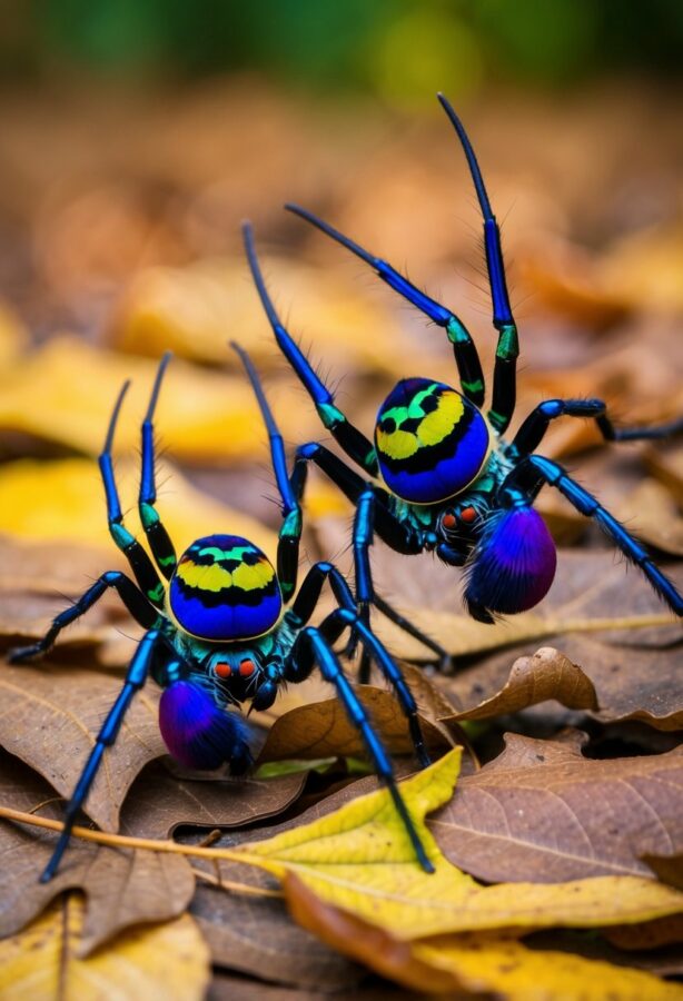 Two peacock spiders perform a colorful courtship dance on a bed of fallen leaves, their vibrant patterns mesmerizing