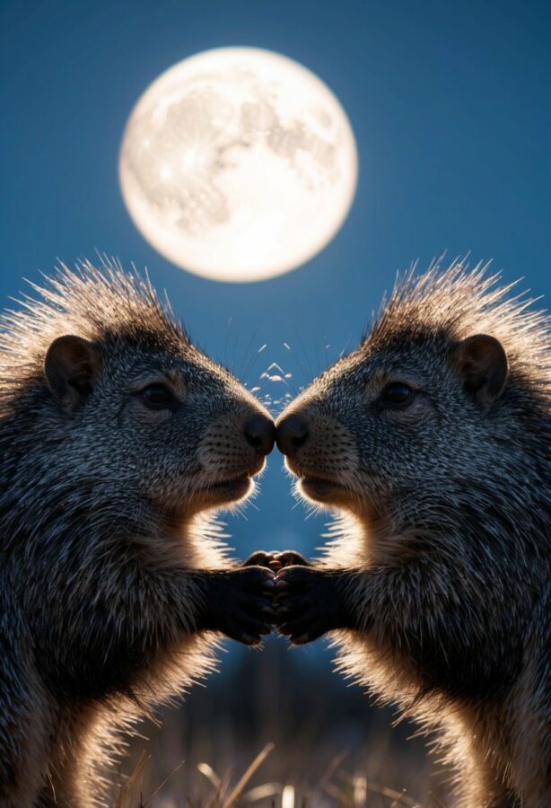Two porcupines facing each other, noses touching, surrounded by a circle of quills. The moonlight illuminates their tender embrace