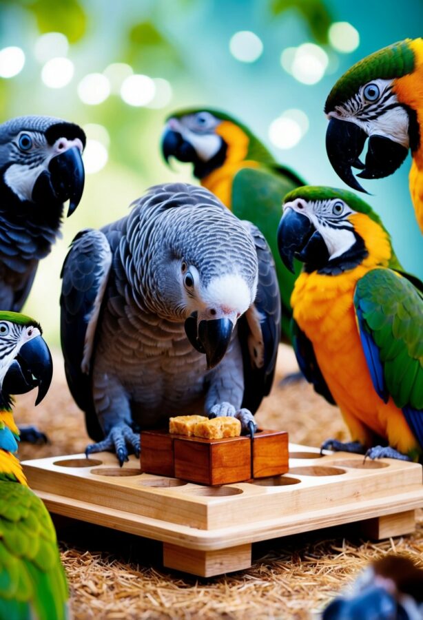 An African Grey Parrot solving a complex puzzle to access a treat, surrounded by other animals showcasing extraordinary problem-solving skills