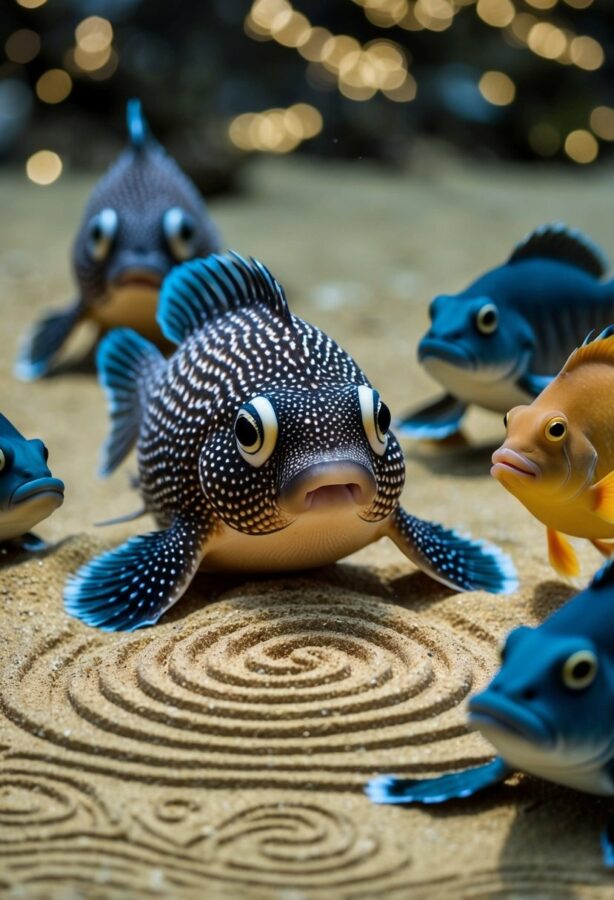 A pufferfish creates intricate patterns in the sand to attract a mate, surrounded by other sea creatures observing the mesmerizing display