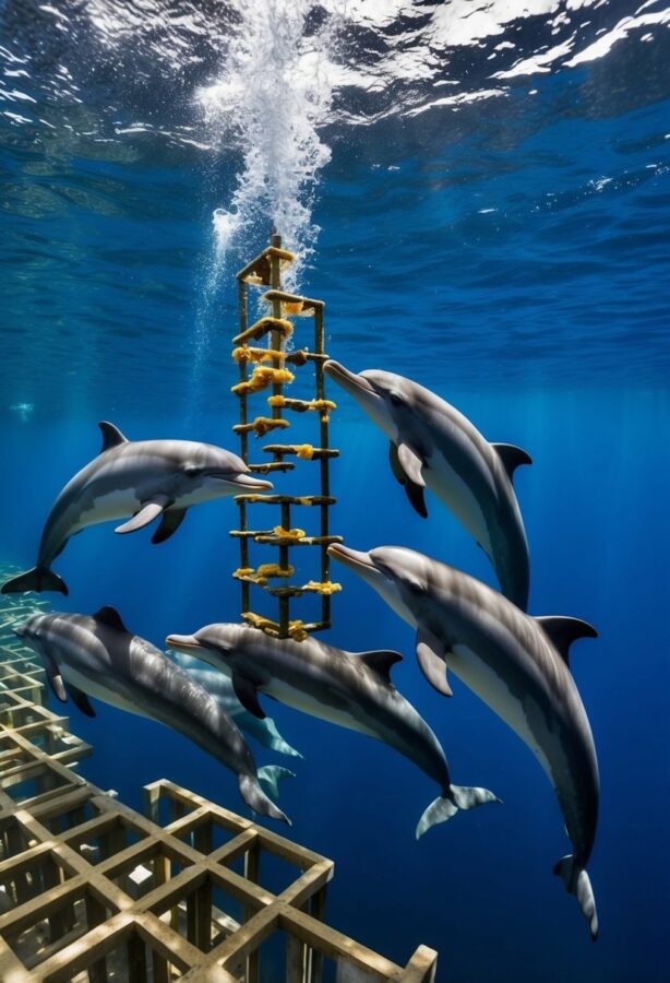 A pod of dolphins solving a complex puzzle to access food hidden in a maze of underwater obstacles