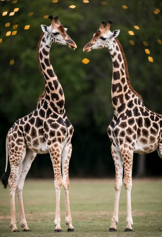 Two giraffes standing tall, necks intertwined in a graceful dance, competing in a courtship ritual