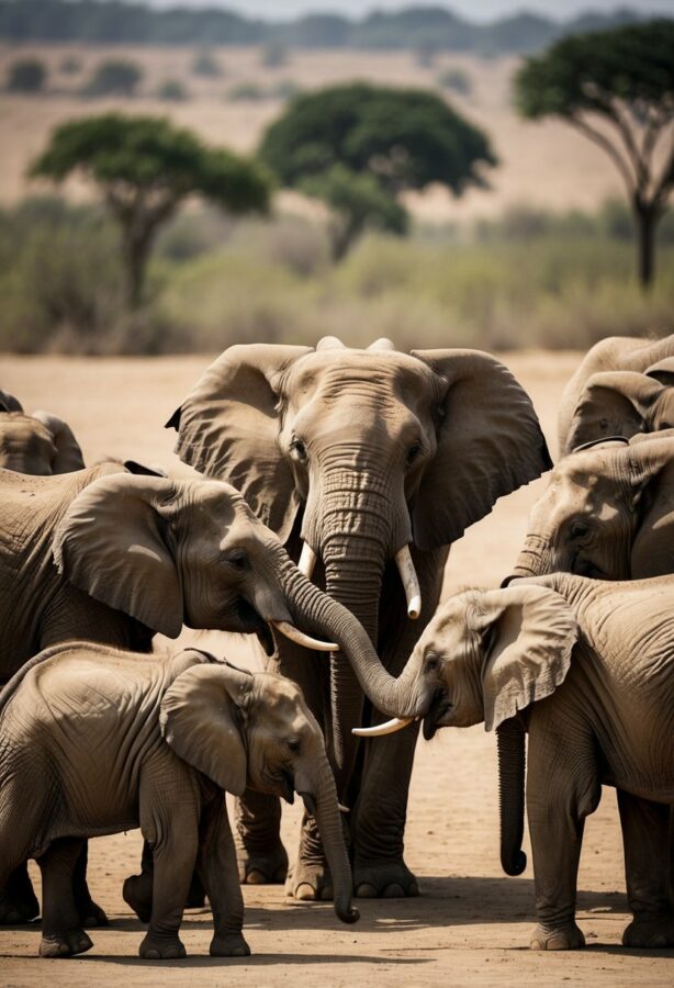 A group of 25 elephants working together to solve a complex problem, using their intelligence and teamwork to overcome a challenge