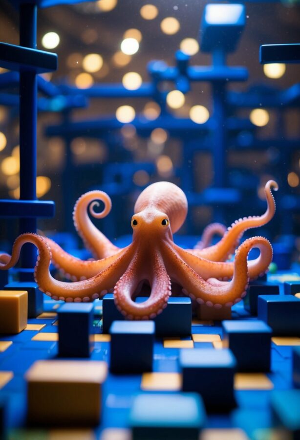 An octopus navigating through a complex maze of puzzles and obstacles, using its extraordinary problem-solving skills to find its way through