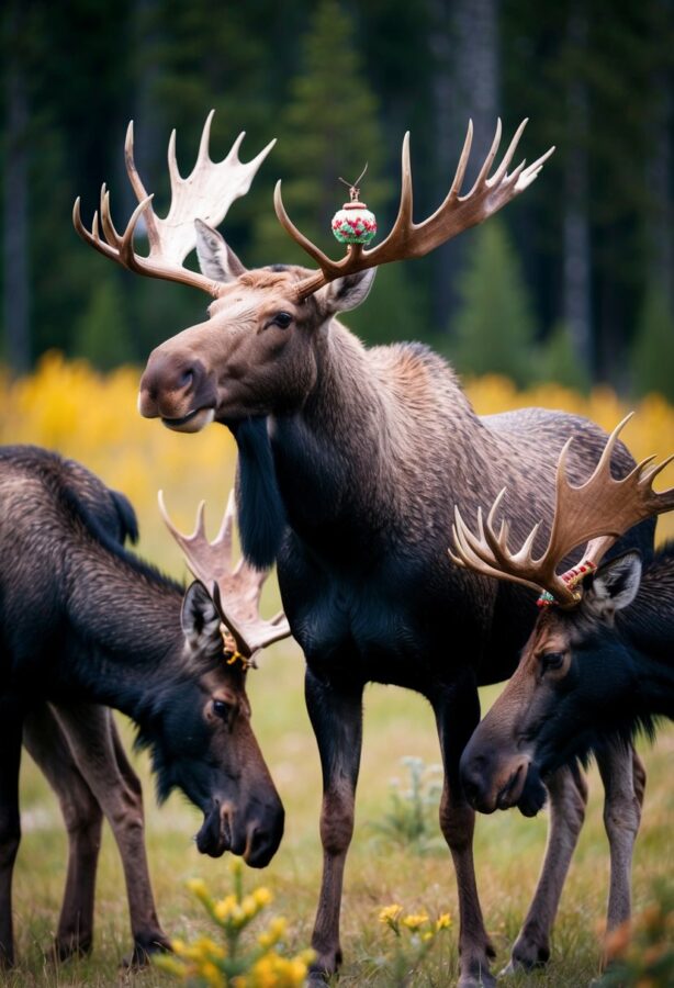 A moose stands proudly, its antlers adorned with various ornaments, as other animals gather around to witness the unusual courtship rituals