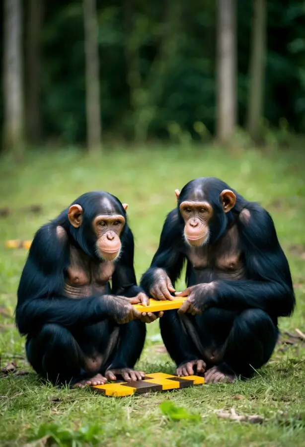 Chimpanzees using tools to solve puzzles in a forest clearing
