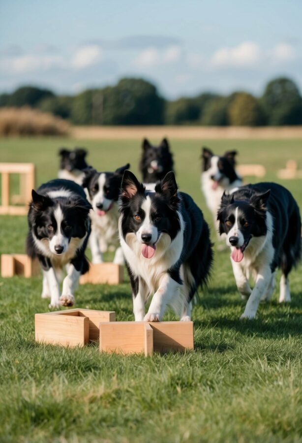 A group of Border Collies solving puzzles and navigating obstacles in a field