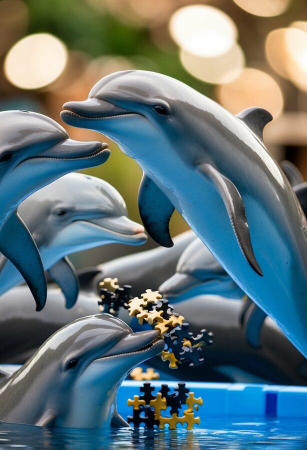 A group of bottlenose dolphins working together to solve a complex puzzle, using their intelligence and teamwork to accomplish the task