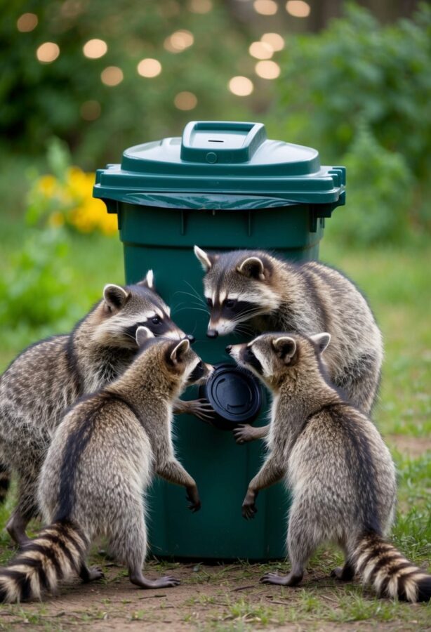 A group of raccoons work together to open a locked trash bin, using teamwork and problem-solving skills to access the food inside