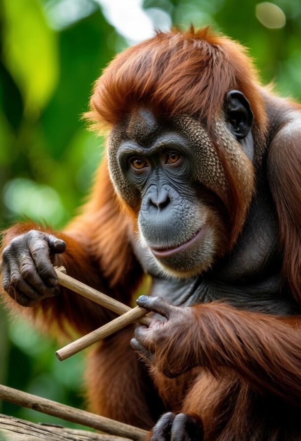 An orangutan uses tools to solve a complex problem in its natural habitat