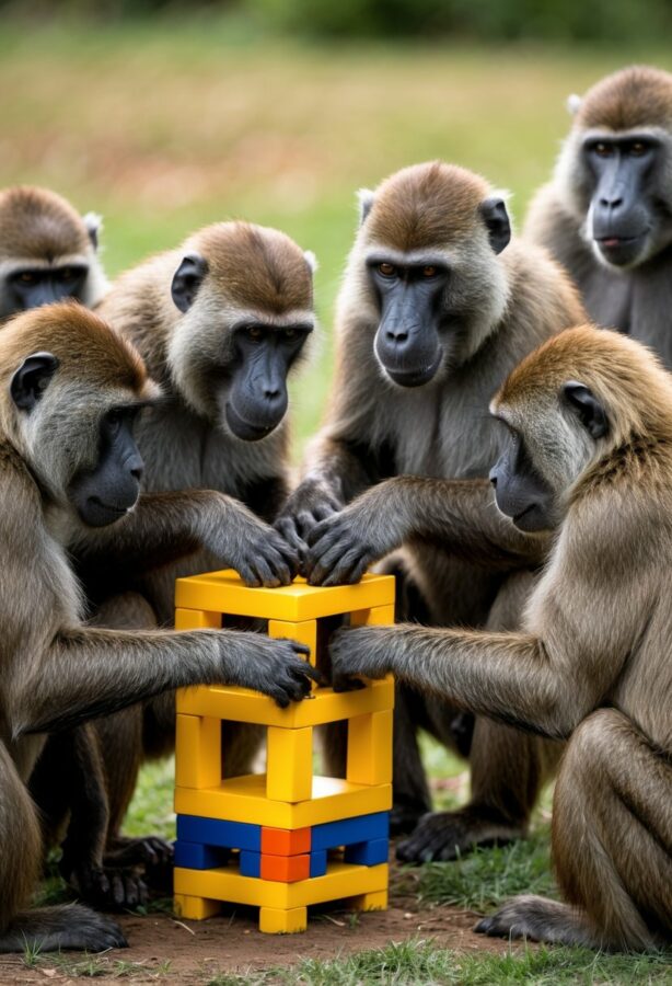 A group of baboons collaboratively solve a complex puzzle to access food, showcasing their extraordinary problem-solving skills