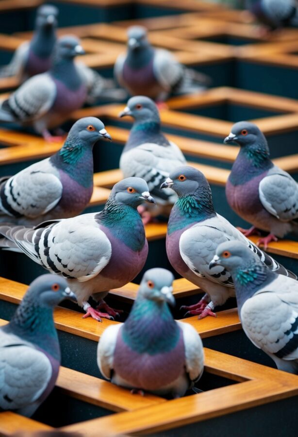 A group of pigeons working together to solve a puzzle or navigate through a complex maze