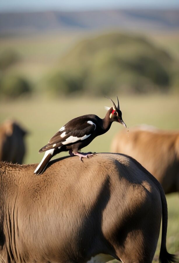 Oxpeckers perched on the backs of large mammals, picking off parasites