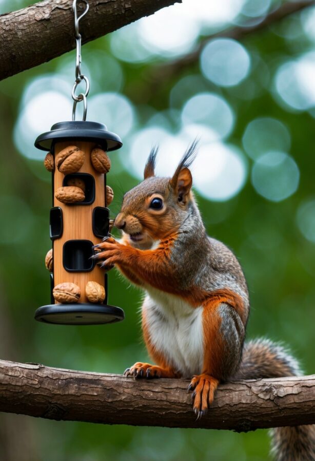 A squirrel perched on a tree branch, using its paws to manipulate a puzzle feeder filled with nuts