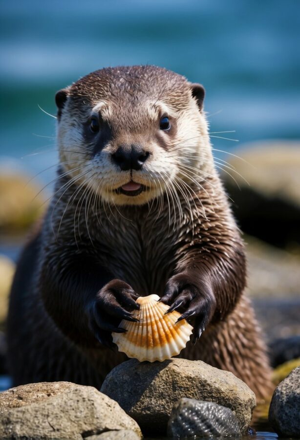 A sea otter using rocks to crack open a shellfish, showcasing its problem-solving skills