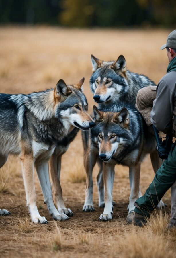 A pack of wolves collaboratively strategizing to outsmart a group of hunters