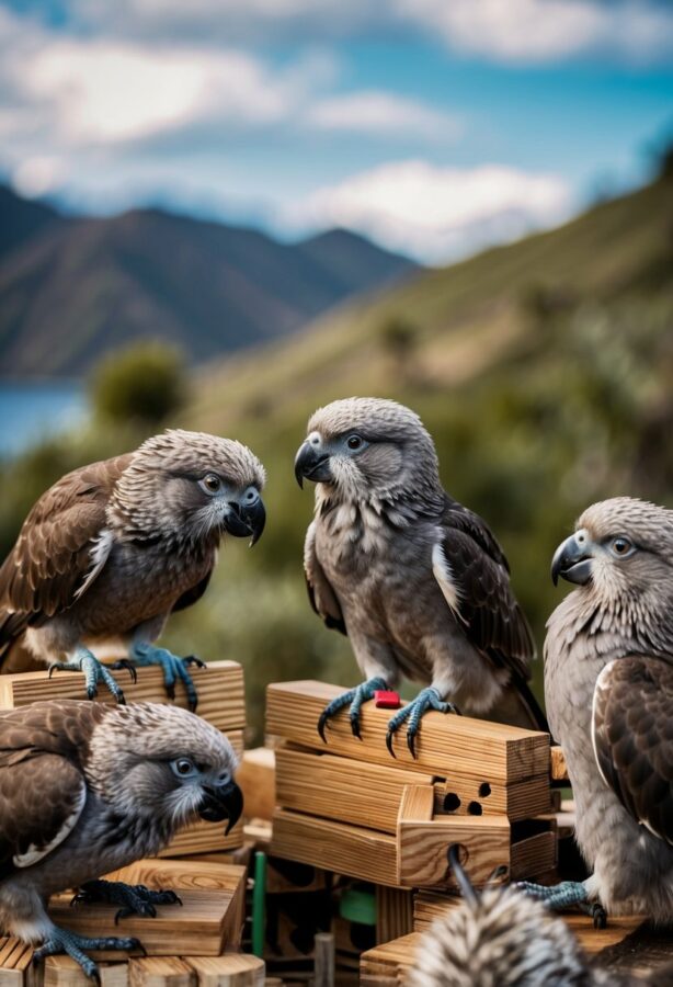 A group of keas use their beaks and claws to manipulate objects, solve puzzles, and work together to overcome challenges in their natural environment
