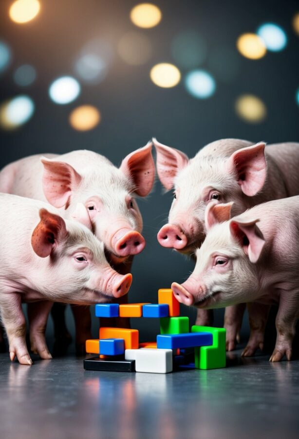 A group of pigs working together to solve a complex puzzle, using their intelligence and problem-solving skills to overcome obstacles