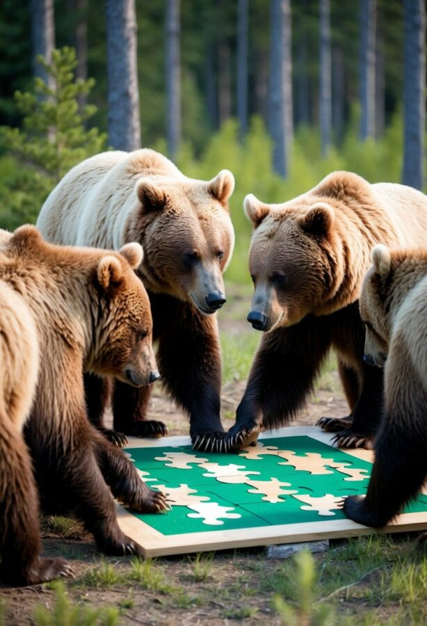 A group of bears collaboratively solving a complex puzzle in a forest clearing