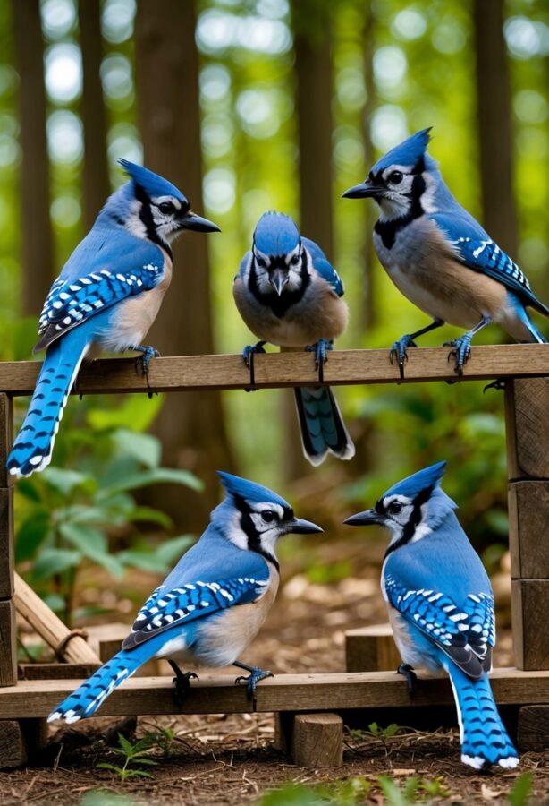A group of blue jays using various tools to solve complex puzzles and overcome obstacles in a forest setting