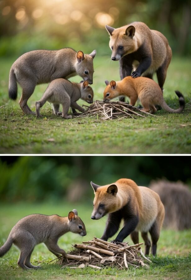 A group of animals working together to gather food and build shelter, showcasing the importance of cooperation in their community