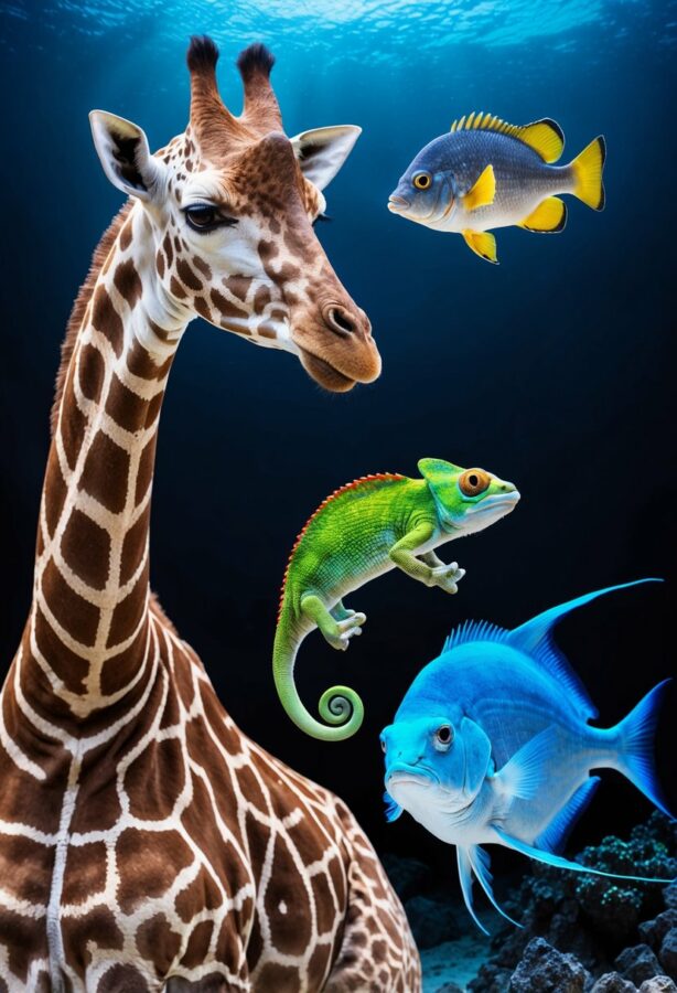 A giraffe with an abnormally long neck, a chameleon with vibrant color-changing skin, and a fish with transparent skin swimming in a deep sea trench