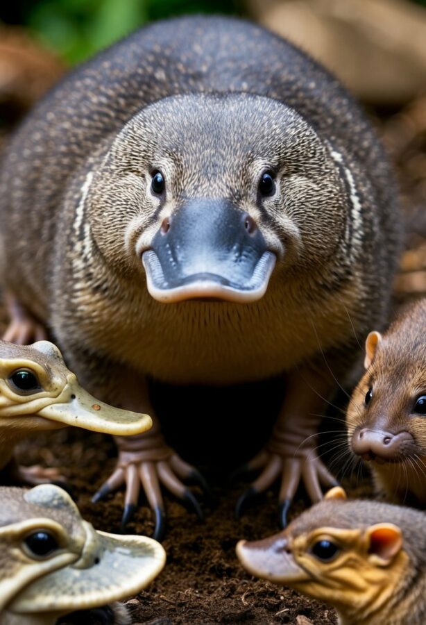 A platypus with its unique bill and sensors, surrounded by other animals with bizarre physical traits
