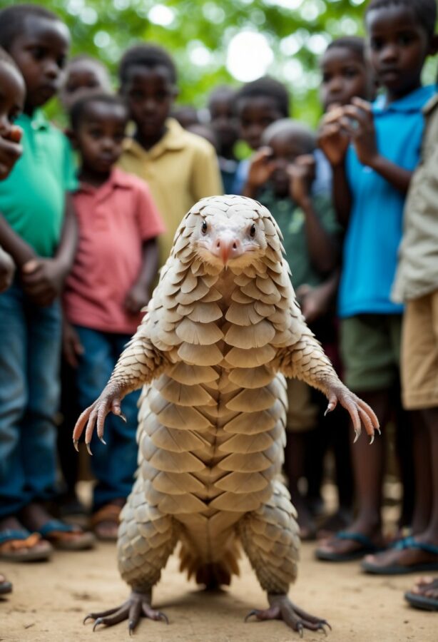 A pangolin with overlapping protective scales, standing on its hind legs, surrounded by curious onlookers