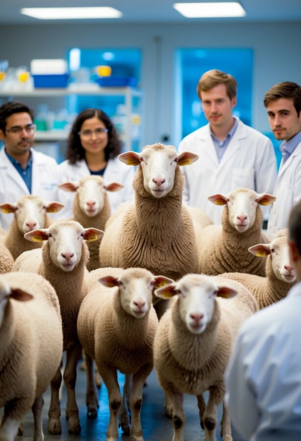 A flock of sheep, with one standing out from the rest, surrounded by scientists and researchers in a laboratory setting