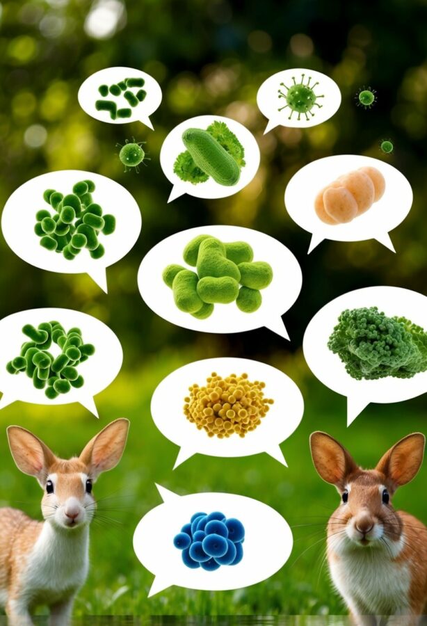 A group of animals surrounded by speech bubbles, each containing a different type of bacteria, including E. coli