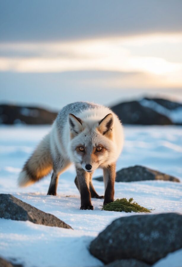 An arctic fox hunting for food in a snowy Norwegian landscape