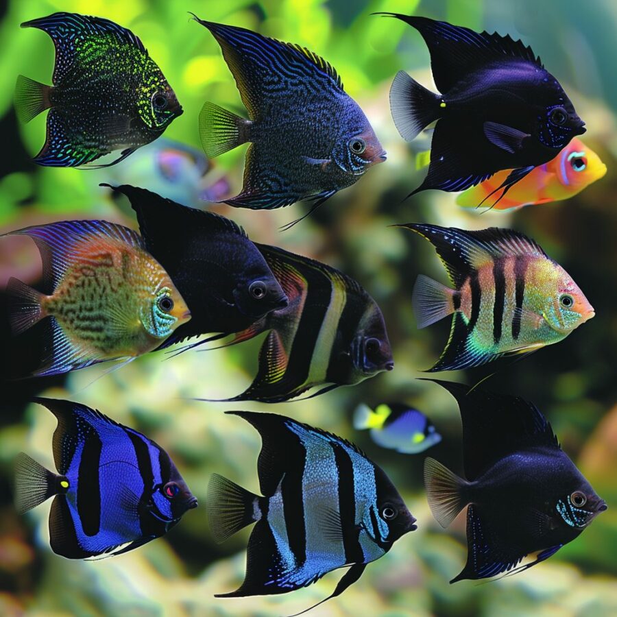 Collage of black angelfish color variations.