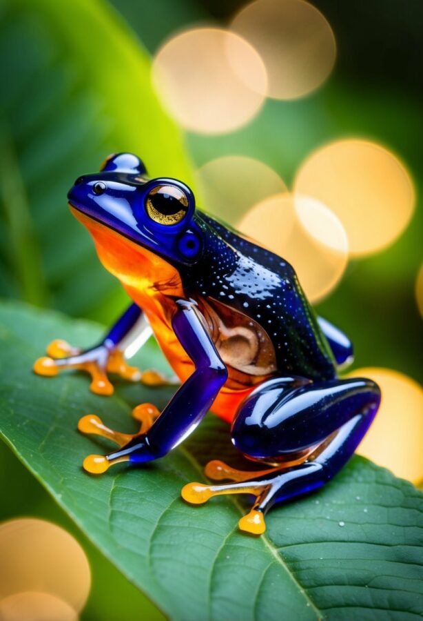 A glass frog perched on a leaf, its translucent skin revealing internal organs