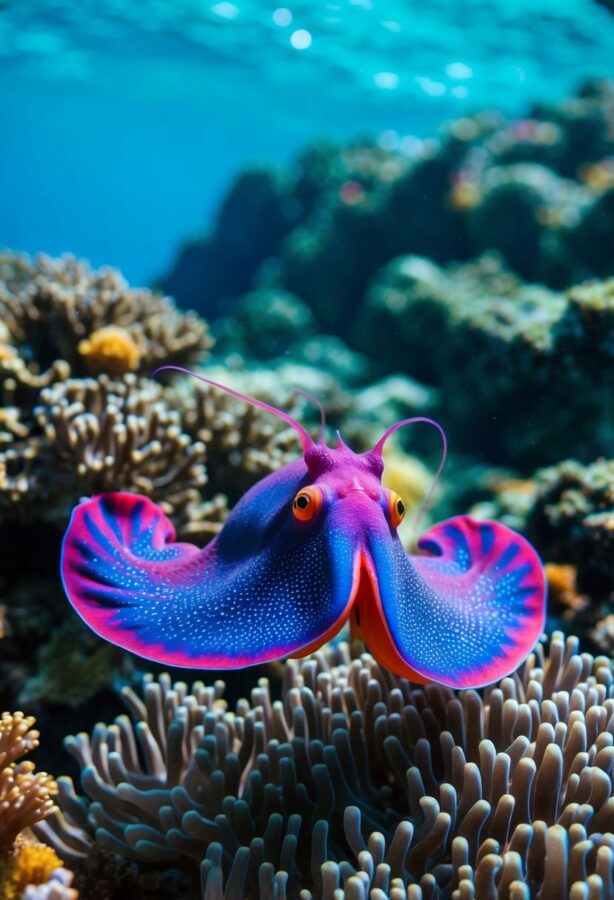A colorful cuttlefish gracefully swims through a vibrant coral reef, its tentacles undulating as it moves through the crystal-clear waters of the Pacific Ocean