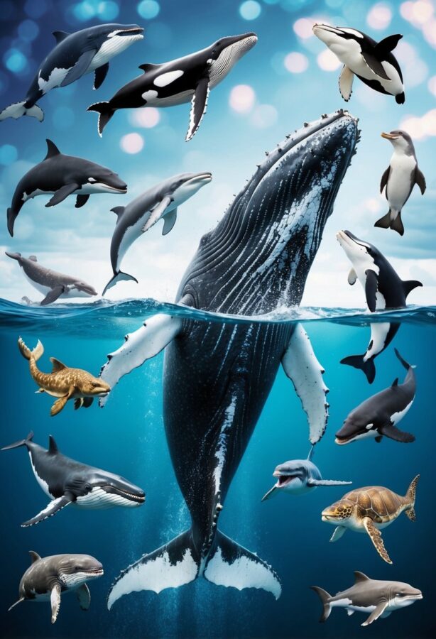 A humpback whale sings surrounded by 24 marine animals, each representing a different aspect of ocean science